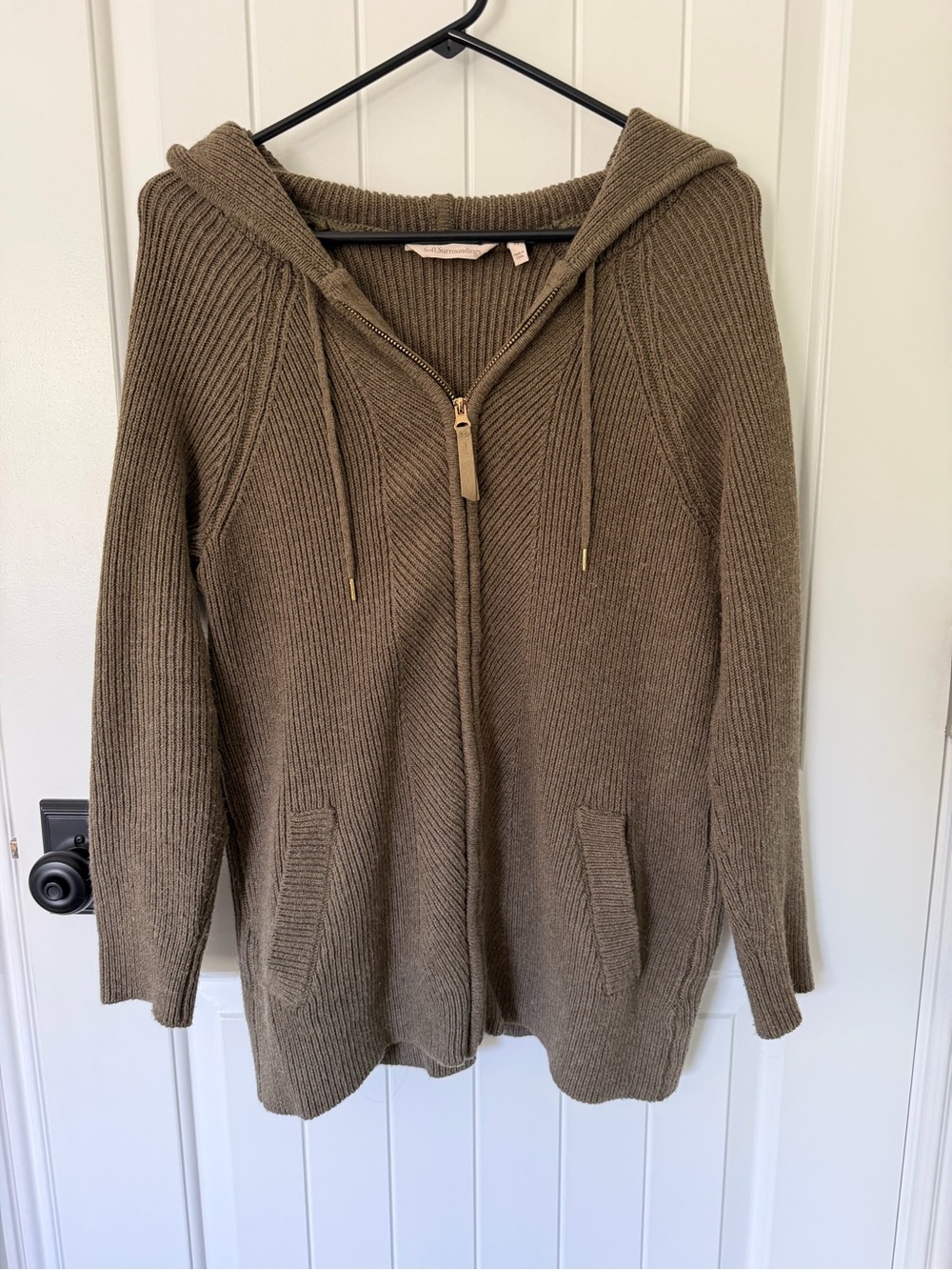 Soft Surroundings Hooded Zip-Front Ribbed Sweater - Olive Green